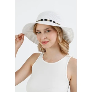 Deri Detaylı Boncuklu Hasır Şapka