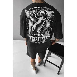 Erkek Siyah Creatures Oversize Fit Bol Geniş Kalıp Salaş Kesim T-Shirt