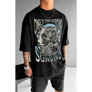 Erkek Siyah Survive Oversize Fit Bol Geniş Kalıp Salaş Kesim T-Shirt