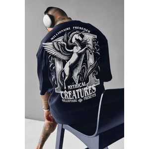Erkek Lacivert Creatures Oversize Fit Bol Geniş Kalıp Salaş Kesim T-Shirt