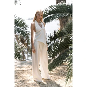 Alidah Pileli Ekru Bol Paça Pantolon