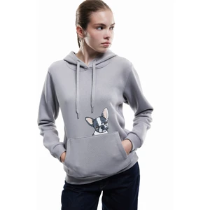 Köpek Baskılı Şardonlu Kanguru Cepli Kapüşonlu Sweatshirt