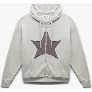 Yıldız Baskılı Şardonlu Kapüşonlu Kanguru Cepli Oversize Fermuarlı Sweatshirt