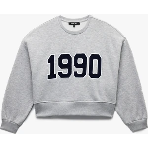 Üç Iplik Şardonlu Uzun Kollu Bisiklet Yaka Nakışlı Crop Sweatshirt