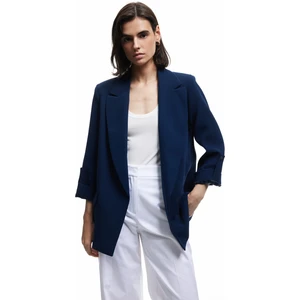 Şal Yaka Kıvırmalı 3/4 Kol Detaylı Cepli Oversize Blazer Ceket