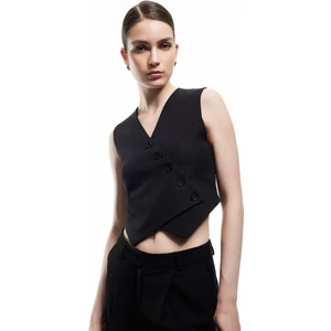 Astarlı Asimetrik Kolsuz V Yaka Düğmeli Blazer Yelek