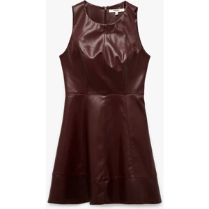 Kolsuz Bisiklet Yaka A Kesim Suni Deri Mini Elbise