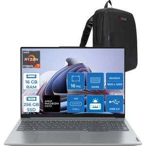 Thinkbook 16 G7 Arp Amd Ryzen 7 7735HS 16GB Ddr5 256GB SSD Radeon 680M Graphics 16" Wuxga 300NITS IPS Freedos Taşınabilir Bilgisayar 21MW002CTRF01 + Zetta Çanta