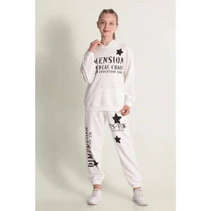 Yıldız Desenli Kapüşonlu Beli ve Paçası Lastikli Alt-Üst Kız Çocuk Eşofman Takım