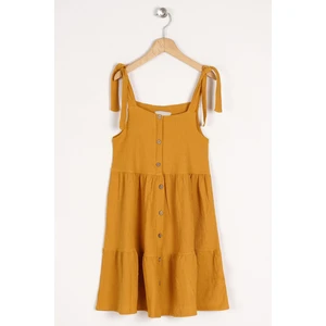 Kız Çocuk Hardal Renkli Askılı Ön Düğme Detaylı Elbise