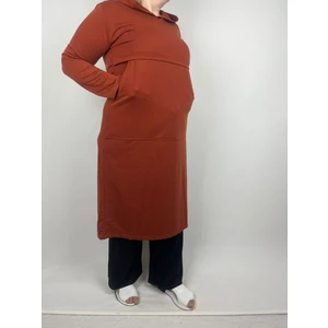 Kadın Kiremit Robalı Iki Yandan Bütün Cepli Kapüşonlu Uzun Kollu Iki Iplik Tunik