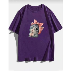 Oversize T-Shirt Kedi Baskılı Mor Renk