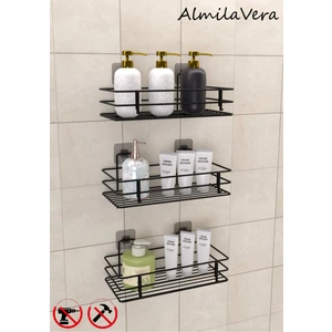 Viki House Güçlü Yapışkanlı Kancalı 3 Adet 3 Katlı Banyo Mutfak Düzenleyici Rafı Mat Siyah