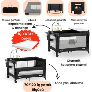 Beskar Anne Yanı Sallanır Cibinlikli Dönenceli Alt Açmalı Oyun Parkı Park Yatak Bebek Beşik 70X120 cm + Yataklı