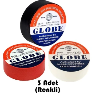 Pvc Elektik Izole Bant Globe "0,13X0,19X10YARDS" 3 Adet Renkli (Siyah-Beyaz-Kırmızı)