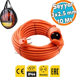 Seyyar Uzatma Kablosu 10 Metre 3x2.5 mm Kapaklı Monofaze Ev Tipi Topraklı Cca Kablolu Grup Fiş Priz
