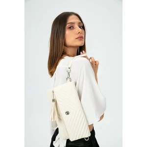 Kadın Clutch Portföy Çantası Uzun Askılı Ekru