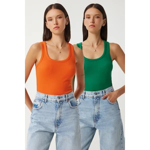 2'li Fitilli Kalın Askılı Örme Atlet LHJ0002 YEŞİL ORANJ