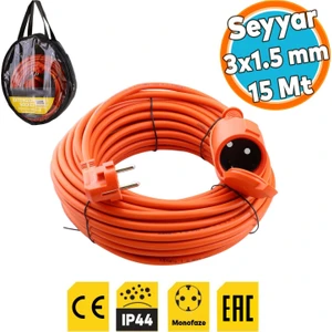 Seyyar Uzatma Kablosu 3x1.5 mm 15 Metre Grup Fiş Priz Topraklı Cca Kablolu Kapaklı Monofaze Ev Tipi