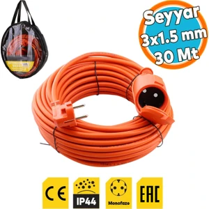 Uzatma Kablosu 3x1.5 mm Cca 30 Metre Topraklı Kablolu Tekli Grup Fiş Priz Kapaklı Monofaze Ev Tipi