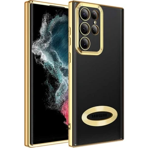 Samsung Galaxy S22 Ultra Kılıf Logo Gösteren Parlak Kenarlı Kamera Lens Korumalı Şeffaf Omega Silikon Kapak