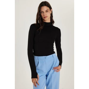 Kadın Regular Fit Klasik Kesim Viskon Kumaş Balıkçı Yaka Siyah Bluz 