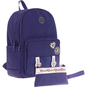 Parlak Love Şeritli Lacivert Okul Çantası ve Cüzdan Tipi Kalemlik Seti (KK-K1843+KK-K2754)