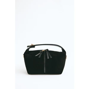 %100 Hakiki Süet Deri Fermuarlı Kapama ve Uzun Askı Detaylı Kadın El ve Omuz Çantası