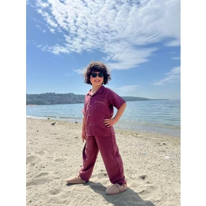 Cebi Nakışlı Gömlek Pantolon Keten Takım 2-7 Yaş Mürdüm