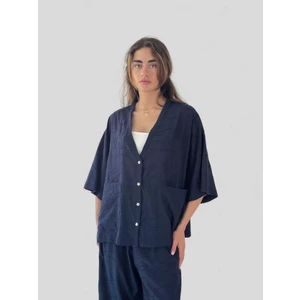 Tasarım V Yaka Kimono Gömlek Kadın Koyu Lacivert