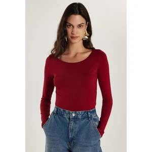 Kadın Slim Fit Dar Kesim Uzun Kollu Viskon Bordo Bluz