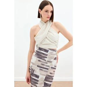 Halter Yaka Keten Crop Bluz - Bej