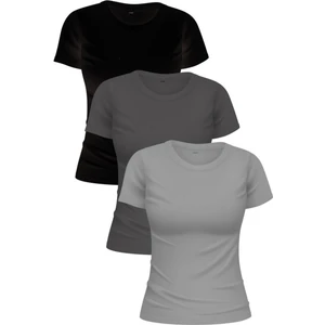 Siyah Füme Gri %100 Pamuk'lu 3'lü Kadın Basic T-Shirt Paketi