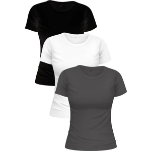 Siyah Beyaz-Füme %100 Pamuk'lu 3'lü Kadın Basic T-Shirt Paketi