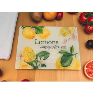 Temperli Cam Sebze Meyve Doğrama Kesme Tahtası, Kenarları Oval, Antibakteriyal Limon Desenli 25X35CM ve 20X30CM