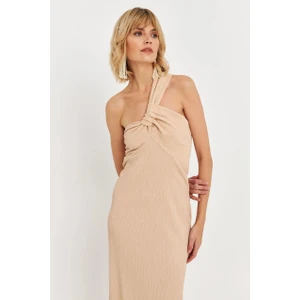 Kadın Bej Asimetrik Yaka Maxi Elbise NH25455