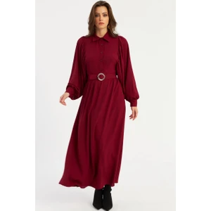 Kadın Bordo Kemerli Maxi Elbise MASF15