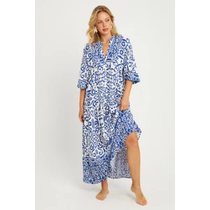 Kadın Ekru-Mavi Desenli Midi Elbise MGÇ169