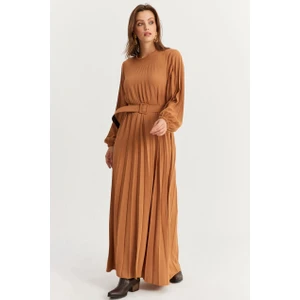Kadın Camel Kemerli Plili Maxi Elbise ALZ500