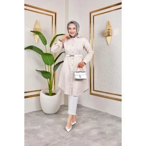 Kemerli Çizgili Keten gömlek