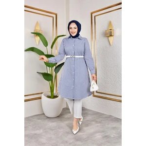 Kemerli Çizgili Keten gömlek