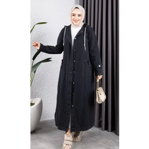 Kadın Cepli Düğmeli Kapüşonlu Denim Kot Trençkot