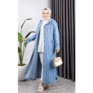 Kadın Cepli Düğmeli Kapüşonlu Denim Kot Trençkot