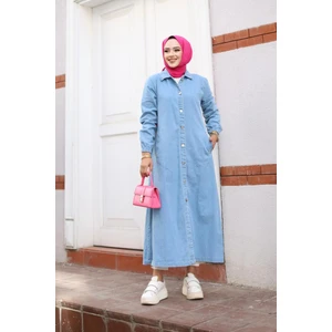 Kadın Cepli Düğmeli Denim Kot Trençkot