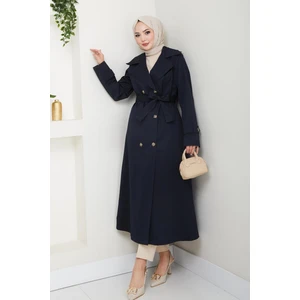 Kadın Düğmeli Kuşaklı Lacivert Trençkot