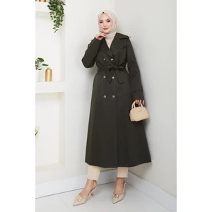 Kadın Düğmeli Kuşaklı Haki Trençkot
