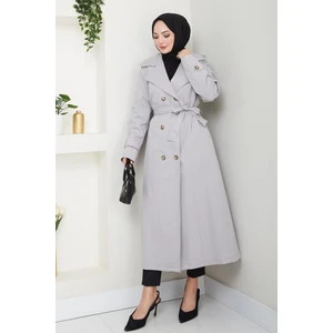 Kadın Düğmeli Kuşaklı Gri Trençkot