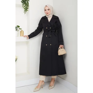 Kadın Düğmeli Kuşaklı Siyah Trençkot