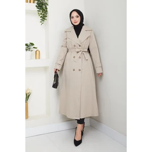 Kadın Düğmeli Kuşaklı Bej Trençkot