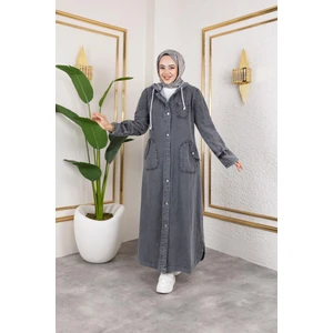 Kadın Cepli Düğmeli Kapüşonlu Denim Kot Trençkot